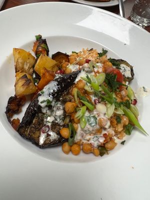 Lebanese aubergine with chick pea stew with potatoes and veg   at Eat To The Beat in Aylesbury