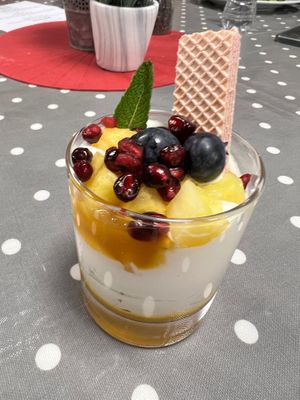 Vegan, fresh fruit compote with vegan yoghurt. at Eat To The Beat in Aylesbury