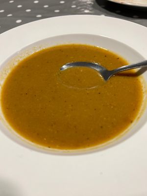 Spice pumpkin and red lentil soup  at Eat To The Beat in Aylesbury