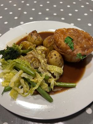 Vegan pie potato’s gravy, green veg  at Eat To The Beat in Aylesbury