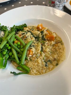 Butternut squash risotto with green beans and peas at Eat To The Beat in Aylesbury