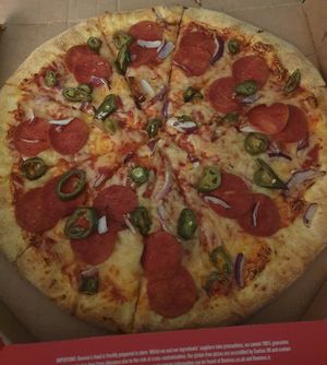 Plant-Based American Hot - Green Jalapeños, Onions, Plant-Based Soya & Wheat Pepperoni, Domino's Own Tomato Sauce and Plant-Based Cheese Alternative #Veganuary at Domino's Pizza in Salford
