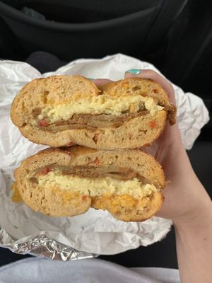 Vegan bacon egg and cheese on a sundried tomato bagel   at Pearl's Bagels & Bakery in Albany
