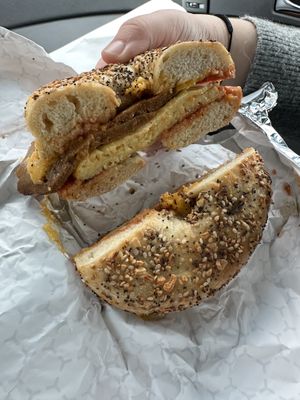 Bacon, egg, and cheese on an everything bagel with ketchup  at Pearl's Bagels & Bakery in Albany