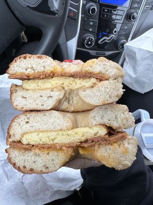 Pastrami, egg, and cheese on a toasted salt bagel  at Pearl's Bagels & Bakery in Albany