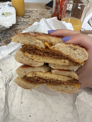 Vegan pastrami, vegan egg, vegan cheese on a toasted salt bagel  at Pearl's Bagels & Bakery in Albany