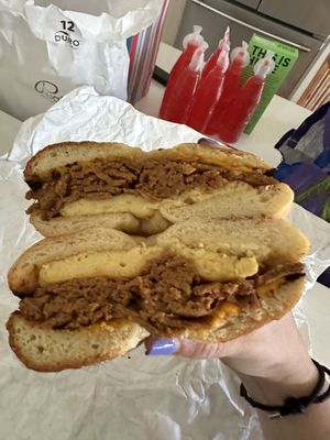 Toasted salt with pastrami, egg, and cheese (vegan)  at Pearl's Bagels & Bakery in Albany