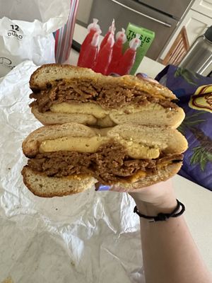 Toasted salt with pastrami, egg, and cheese (vegan)  at Pearl's Bagels & Bakery in Albany