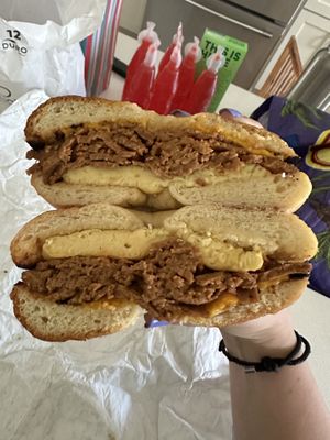 Toasted salt with pastrami, egg, and cheese (vegan)  at Pearl's Bagels & Bakery in Albany
