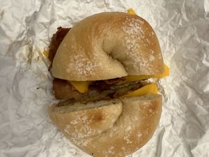 Pastrami, egg, and cheese on a toasted salt bagel - vegan   at Pearl's Bagels & Bakery in Albany