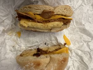 Pastrami, egg, and cheese on a toasted salt bagel - vegan   at Pearl's Bagels & Bakery in Albany