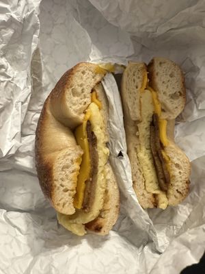 Pastrami, egg, and cheese on a toasted salt bagel - vegan   at Pearl's Bagels & Bakery in Albany