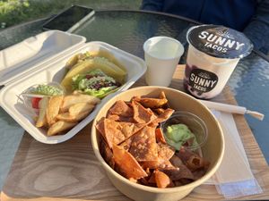 Vegan tacos combo, nachos, beniimo bubble tea  at Sunny Tacos in Okinawa
