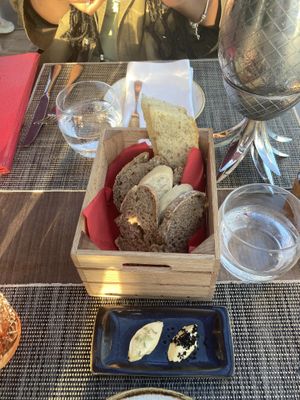 Excellent selections of breads with two butters   at The Market Restaurant in Albufeira
