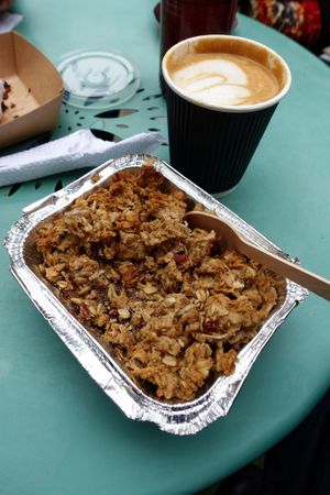 Mango crumble + Cappuccino at Supanta in Lima
