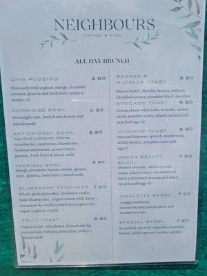 Menu at Neighbours in Tenerife