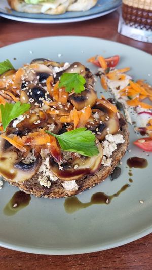 Mushroom toast with vegan smoked ricotta at Neighbours in Tenerife