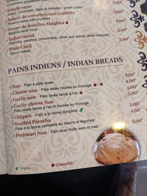 Menu at Namaste in Paris