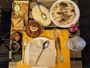 Veg Samosa, Chana Masala, rice and Roti bread at Namaste in Paris