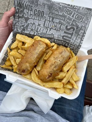 battered sausages and chips at Walkers Quality Fish & Chips in Aberdovey