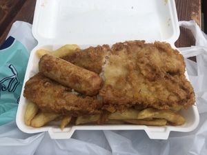 Fish, chips and sausage  at Walkers Quality Fish & Chips in Aberdovey