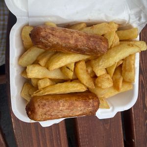 Sausage and chips  at Walkers Quality Fish & Chips in Aberdovey