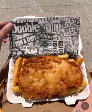 Vegan Fish (jackfruit as far as I know) and Chips   at Walkers Quality Fish & Chips in Aberdovey