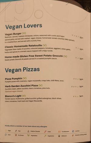 Vegan menu at Bianco's in St Julians