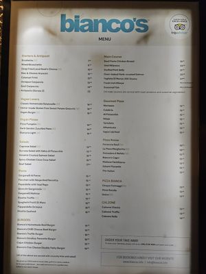 Full menu at Bianco's in St Julians