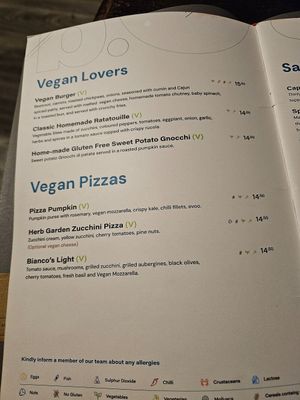 Vegan menu at Bianco's in St Julians