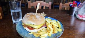 Bean burger with fries at The Engine House in Bunmahom