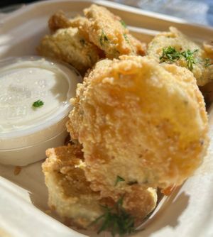 Fried pickles  at A. T. M. Vegan Deli in Brooklyn