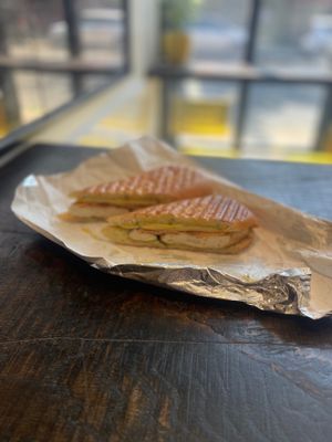 C.B.N: tofu, smoked yuba, cheese, pickles and mayo on a pressed roll. Yum! at A. T. M. Vegan Deli in Brooklyn
