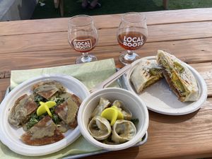 Strawberry no-hito N/A, scallion pancakes, dumplings and Crunchwrap   at The Boochyard @ Local Roots in Vista