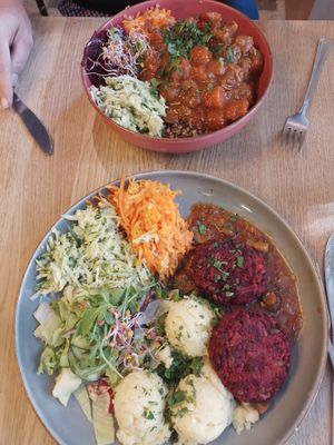 Lovely colourful and tasty food. Vegan chop, and a stew. at Green Way - Food For Life in Sopot