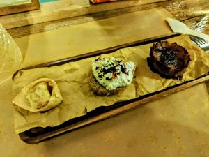 Tortello fritto, cicchetto, frico at Animo Cucina Naturale in Brescia