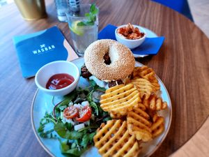 Vegan bagel with falafel + extra hummus at WASBAR in Bruges