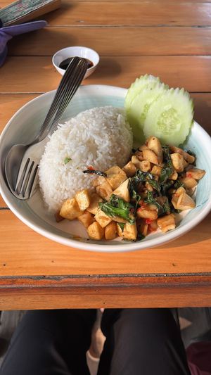 Tofu, mushroom, rice - spicy & garlicky  at Malakor Kitchen and Cafe - ร้านมะละกอ in Ayutthaya