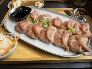 Veggie Jiaozi in the front, 90% finished tofu starter block in the back (the latter has excellent value for money)  at Jin's Ramen - Hietzing in Vienna