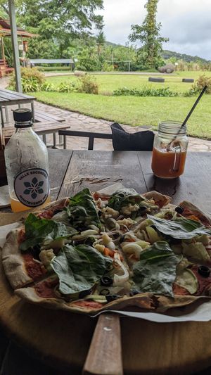 Vegan pizza and vegan water based kefit at Valle Escondido in Monteverde