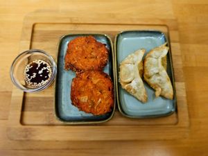 Galette kimchi and raviolis aux légumes. at Sodam in Paris