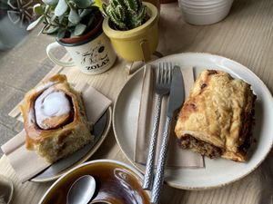 Cinnamon roll and Haggis roll: amazing! However, the Haggis roll was served cold  at Zola's Bakery in Galashiels
