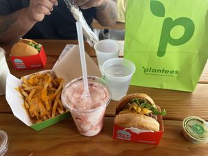 Double with a strawberry shake and plant style fries   at Plantees in Orlando