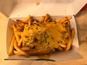 Plant Style Fries- Shoestring fries, vegan cheese, grilled onions, and plant sauce at Plantees in Orlando