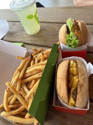 This is the bbq bacon burger and buffalo chicken with fries and lemonade   at Plantees in Orlando