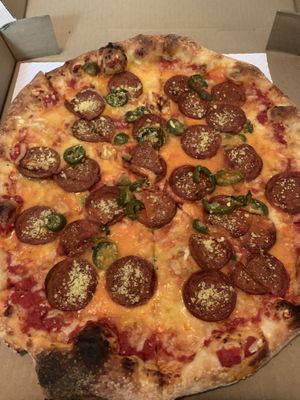 Jalapeños, veg pepperoni, and vegan cheese  at Jackknife Brewing in Kelowna