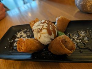 Deep fried bananas and ice cream at Kati Vegan Thai in Kirkland