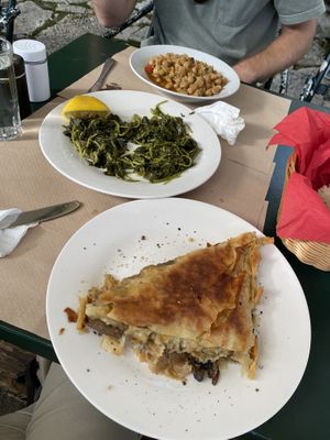 Mushroom Pai, herbs salad and chickpeas with vegetables.  at Vradeto Tavern in Vradeto