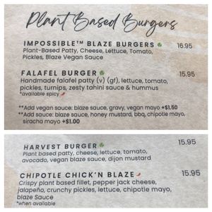 Plant based burger options   at Blaze Gourmet Burgers in Vancouver