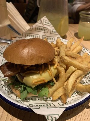 Vegan burger with cheese and bacon.   at Honest Burgers - Bank in London